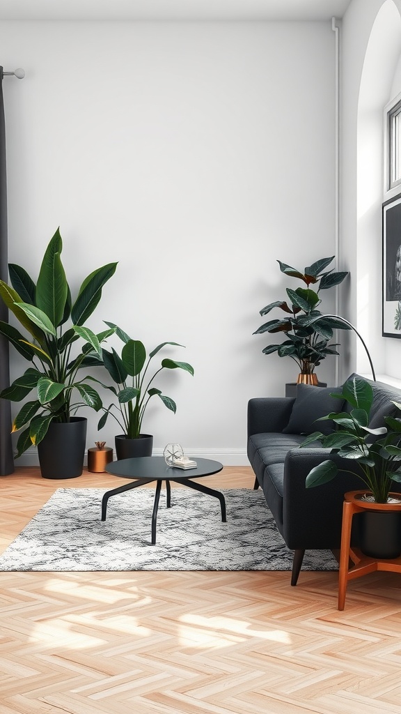 A cozy living room with various green plants in black pots, showcasing a stylish decor.