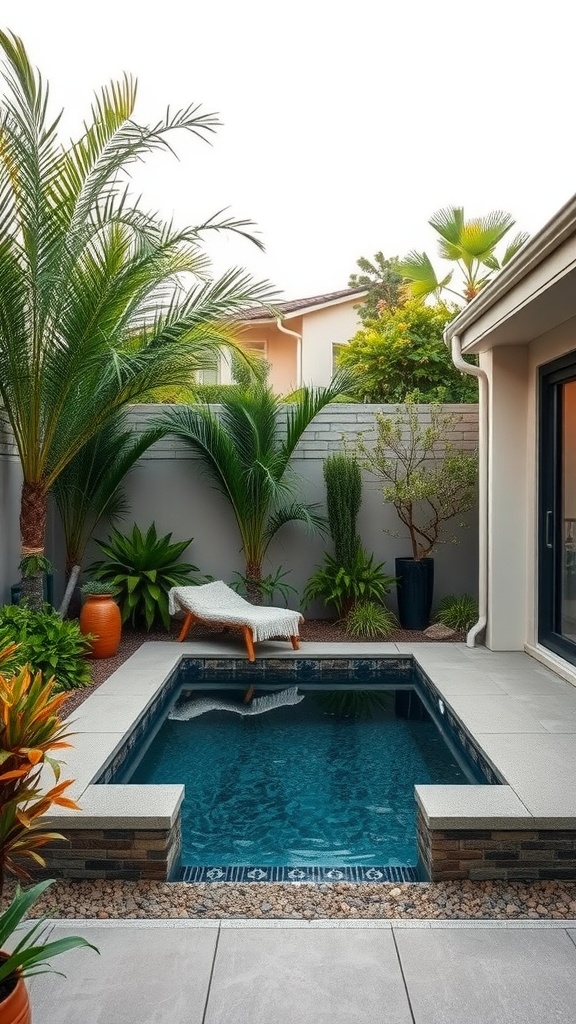 A small plunge pool surrounded by lush greenery and a lounge chair in a cozy backyard.