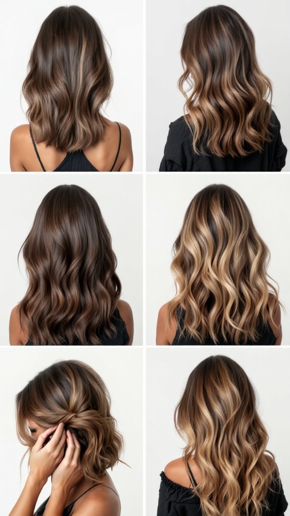 Collage of a woman with ash blonde balayage hair, showing different angles and styles.