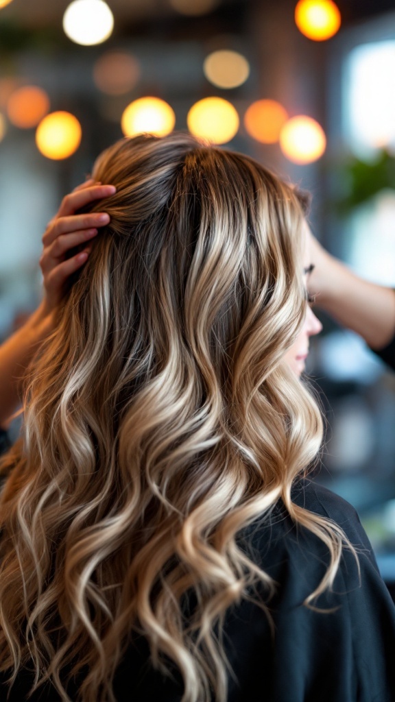 Woman with wavy hair featuring strawberry blonde balayage, in a salon setting.