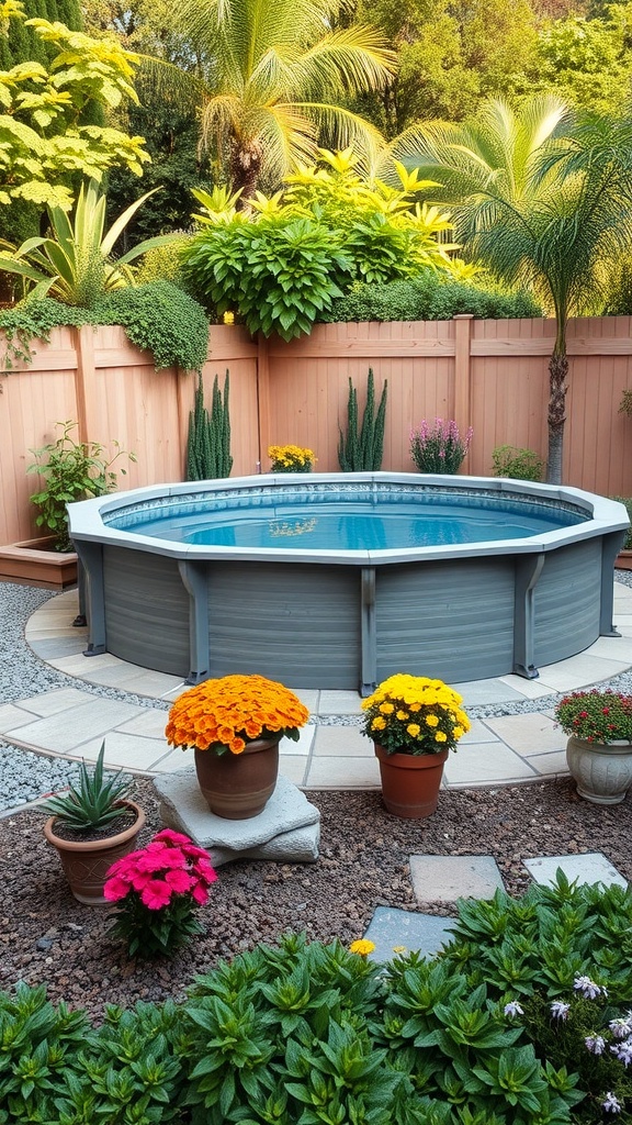 A beautiful above-ground pool surrounded by colorful flowers and lush greenery in a backyard setting.