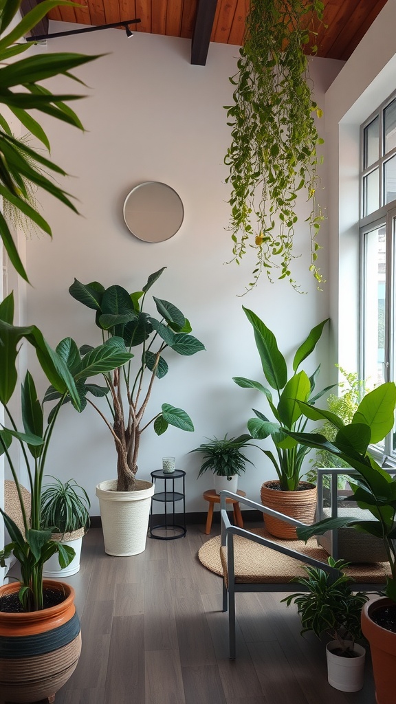 A cozy indoor space filled with various plants, showcasing a bright and inviting atmosphere.