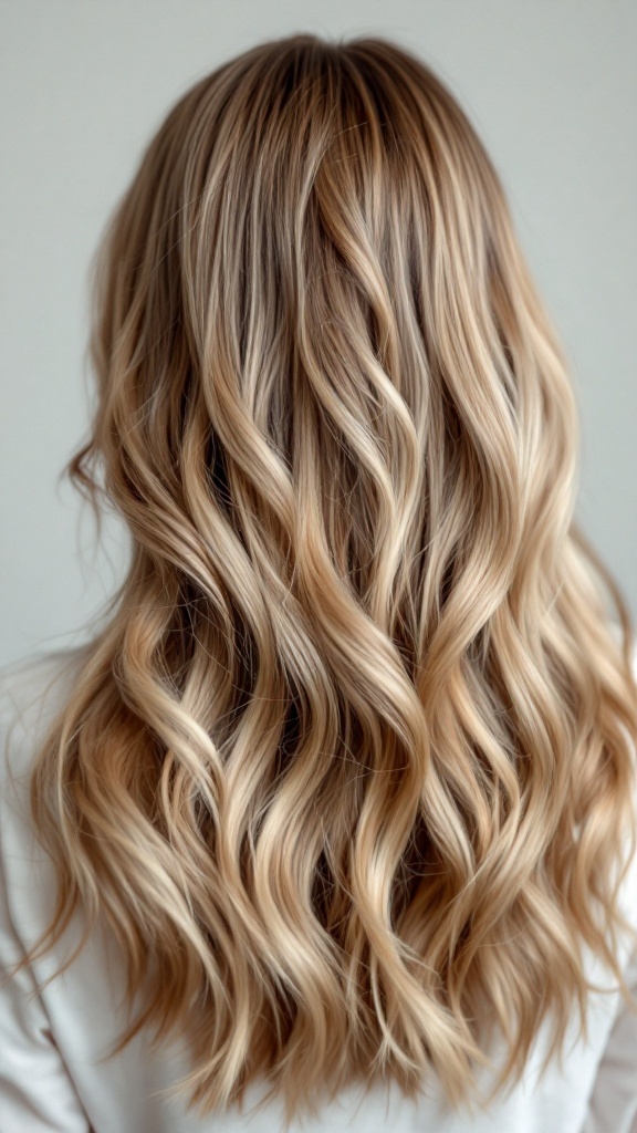 Back view of wavy hair showcasing a strawberry blonde balayage style.