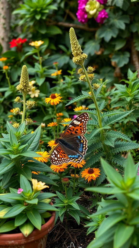 A butterfly resting on yellow flowers in a blooming garden full of greenery.