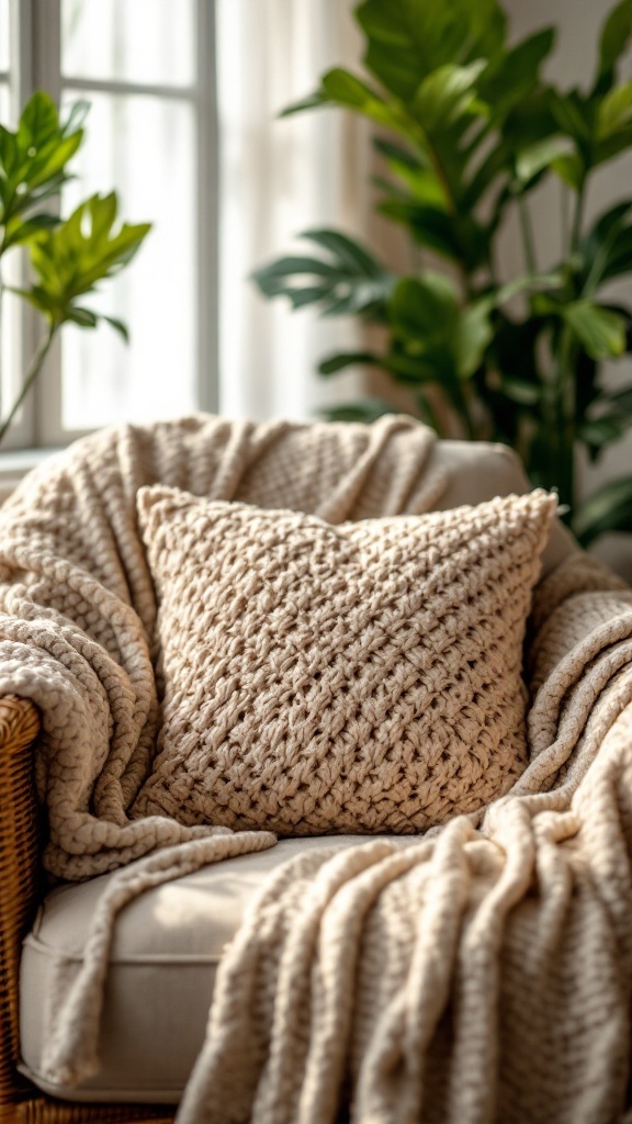 A cozy crochet pillow cover on a chair with a blanket, surrounded by indoor plants.