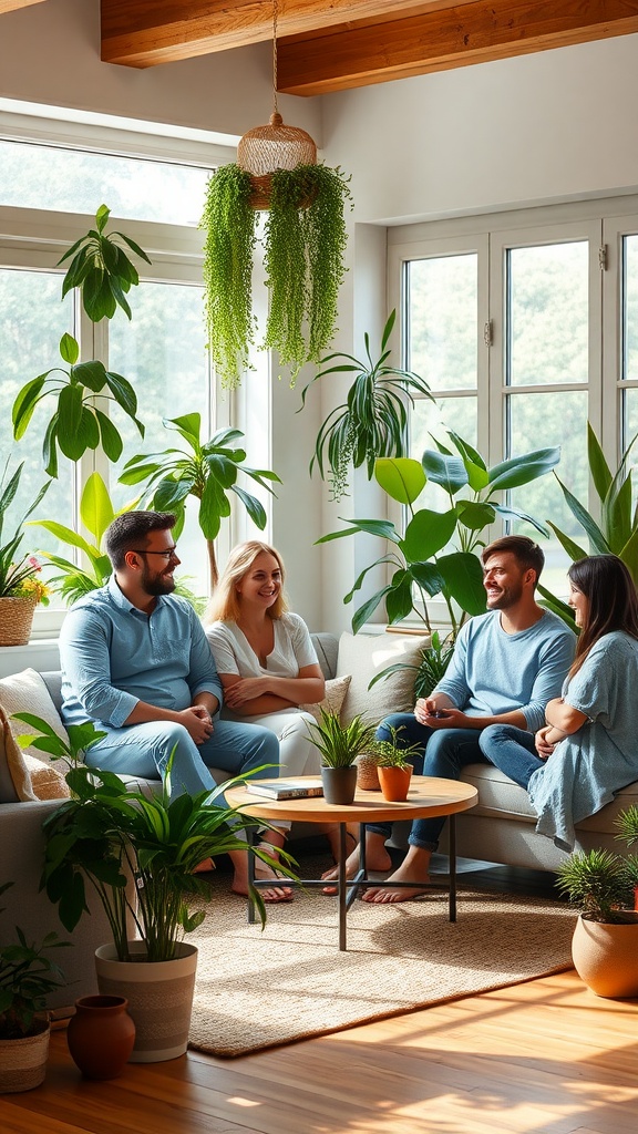 A cozy indoor setting with friends enjoying each other's company surrounded by various greenhouse plants.