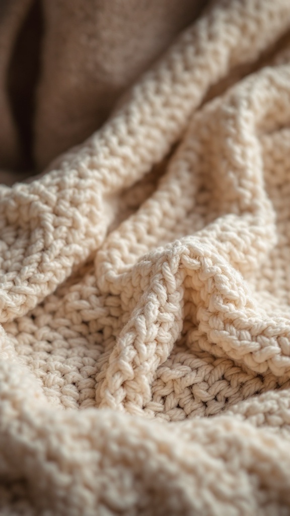Close-up of a cream-colored crochet blanket showing puff stitches.