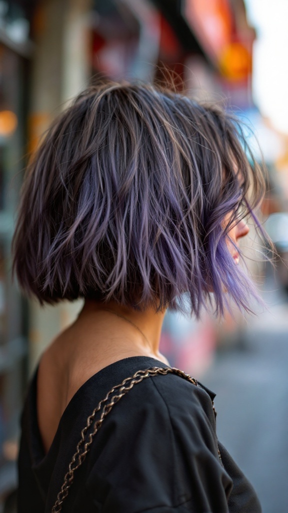 A side view of a woman with a blunt messy bob hairstyle, featuring soft purple tones.