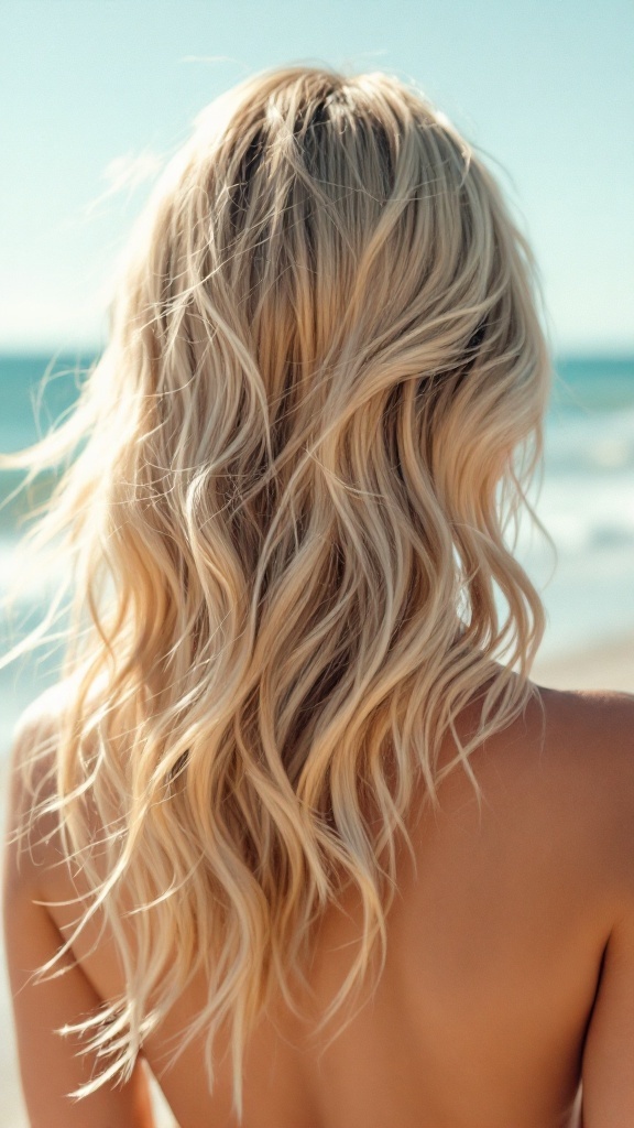 Blonde wavy hair flowing in the sunlight at the beach