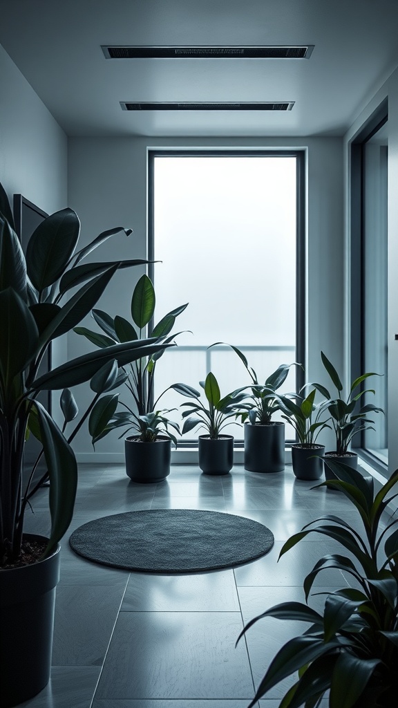 A minimalist interior with black house plants in pots by a window