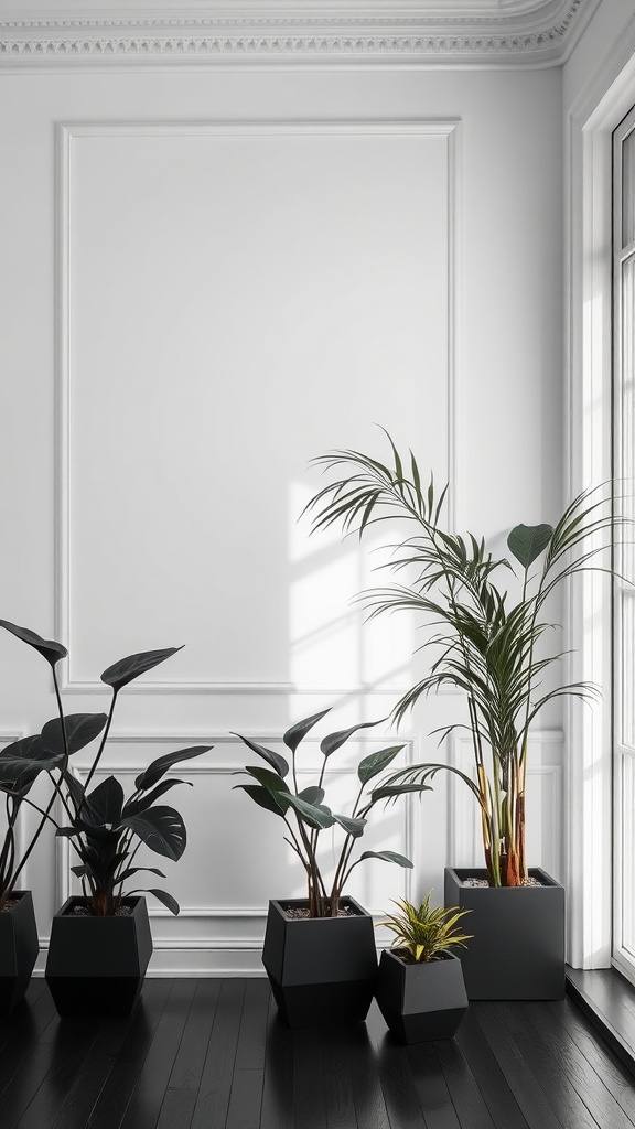 A minimalist room featuring several black house plants in geometric pots, set against a white wall with natural light streaming in.