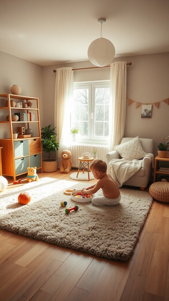 A cozy toddler bedroom with a child playing on a soft rug
