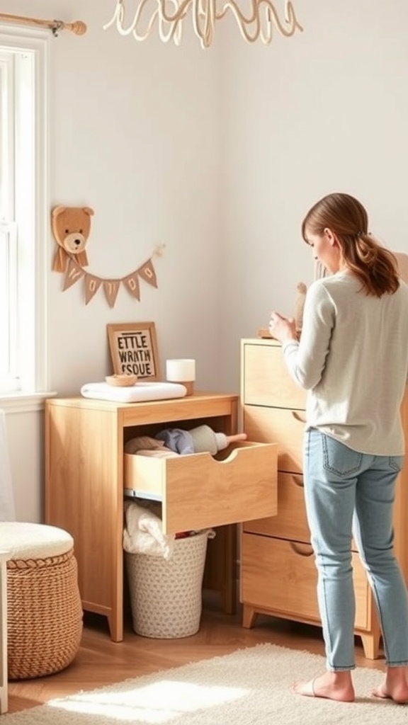 A woman organizing a nursery dresser with open drawers and a basket in a bright room