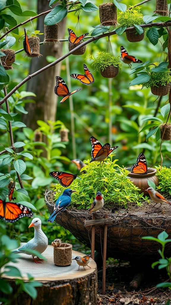 A butterfly nursery with vibrant butterflies and colorful birds among greenery.