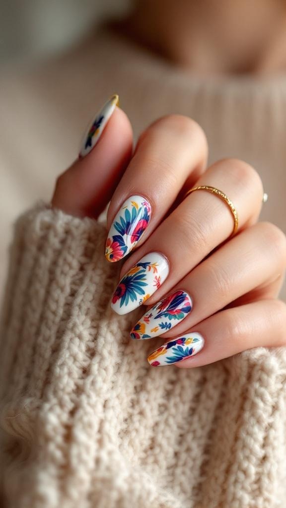 Close-up of beautifully designed buchona nails with floral patterns.