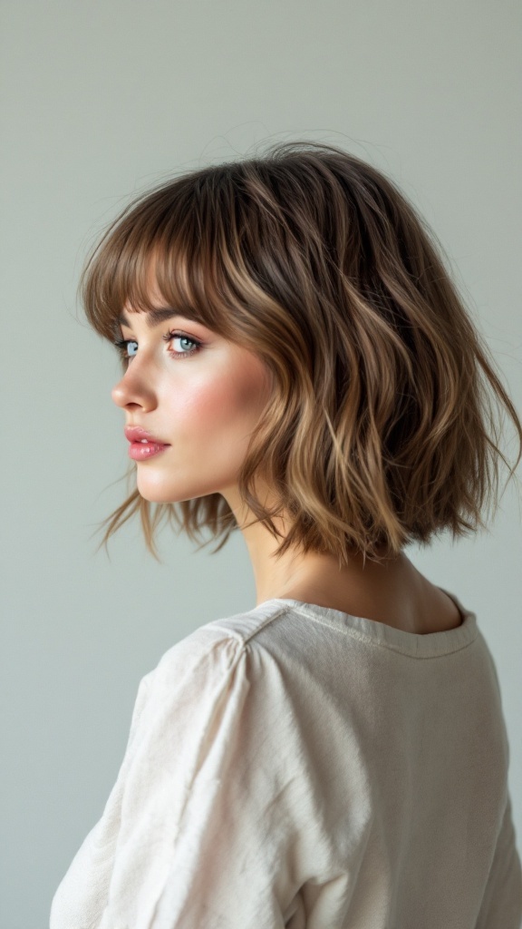 A woman with a messy bob hairstyle and bangs, looking stylish and chic.