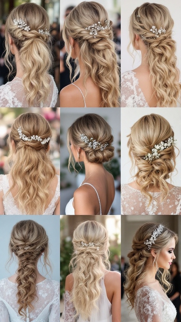 Collage of various celebrity-inspired bridal hairstyles featuring elegant waves and detailed updos.
