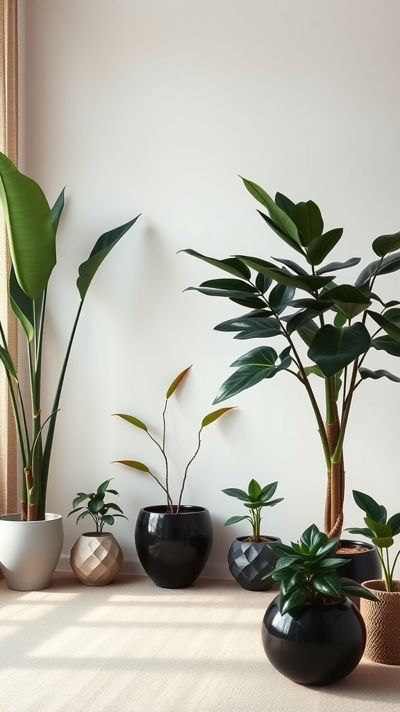 A variety of black house plants in decorative pots, arranged in a bright, minimalistic room.