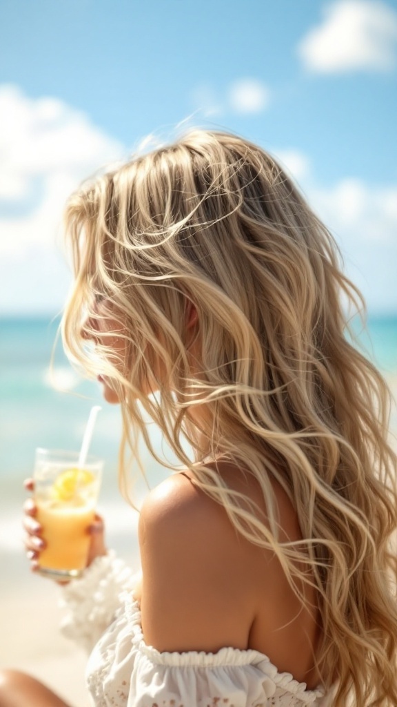 A woman with blonde hair enjoying a drink on the beach.