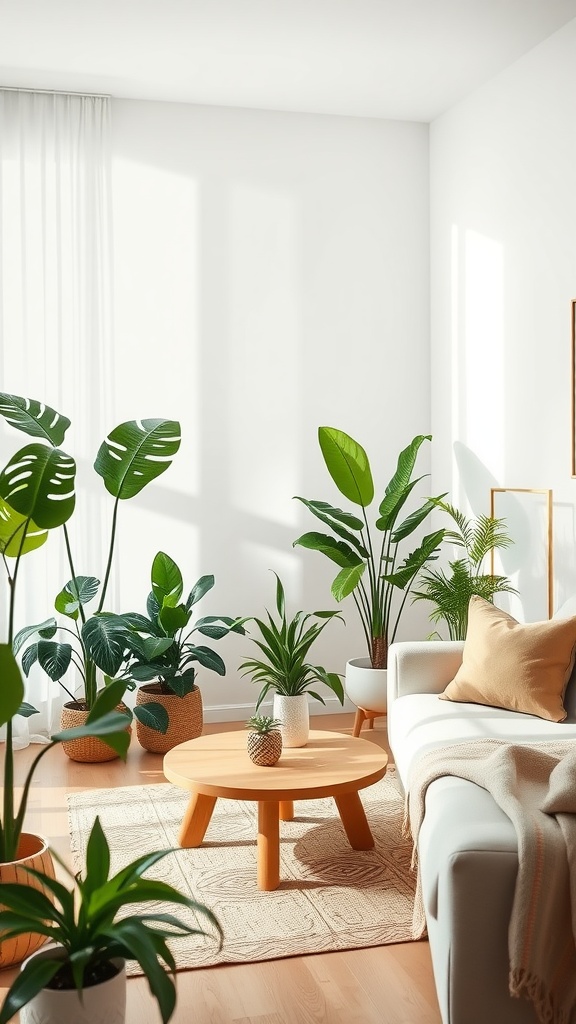 A bright and airy living room filled with various indoor plants, showcasing a cozy atmosphere