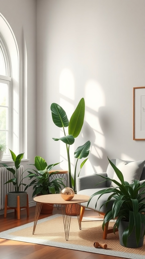 A cozy living room featuring various non-toxic house plants, creating a vibrant and inviting atmosphere.