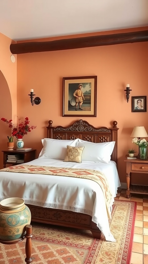 A cozy terracotta-themed bedroom featuring wooden furniture and decorative plants.