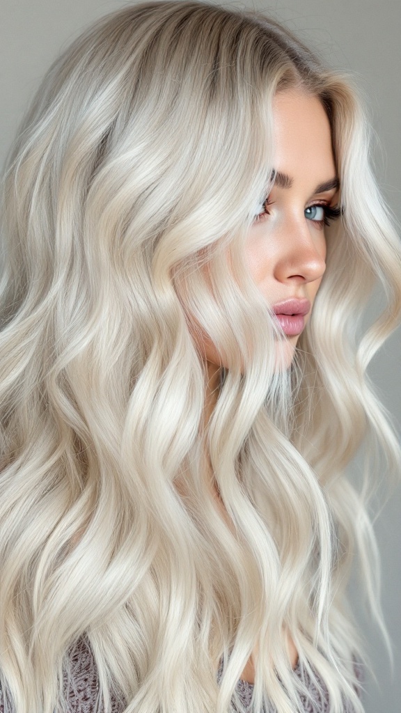 A woman with platinum blonde balayage hairstyle, showing soft waves and a blend of light tones.