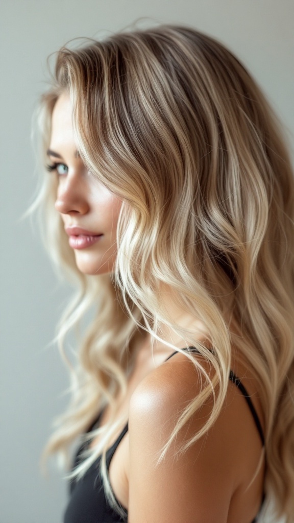 A woman with blonde highlights on dirty blonde hair, showcasing soft waves and a natural look.
