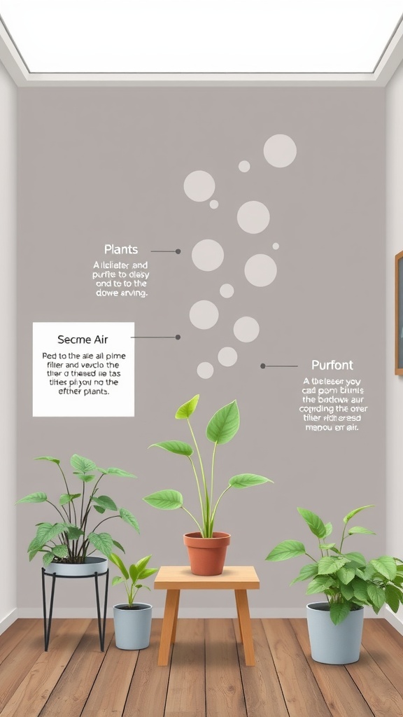 Illustration showing houseplants in a living space, highlighting their role in air purification.