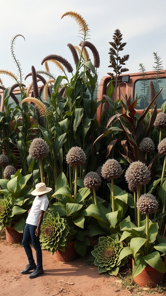 A person standing against a backdrop of tall, lush green plants with black elements, showcasing the beauty of black house plants.
