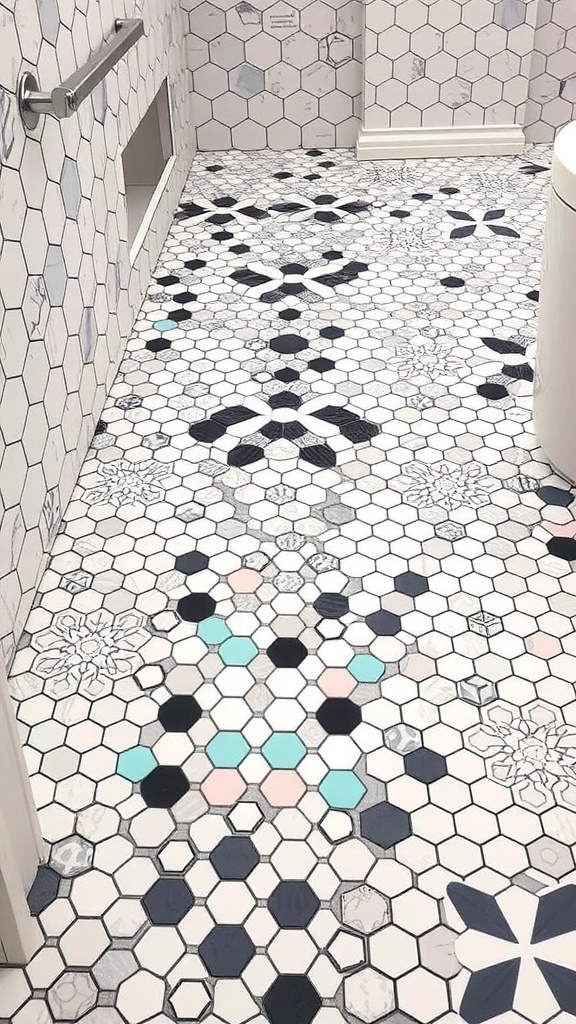 A bathroom floor featuring mixed hexagon tile patterns in various colors and designs.