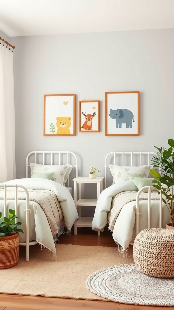 A twin nursery with two beds, animal-themed wall art, plants, and soft bedding.