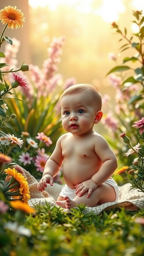A baby sitting in a flower-filled garden during a golden hour photoshoot.