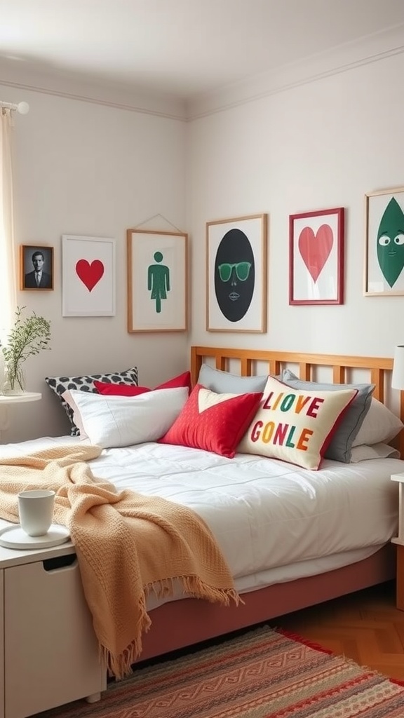 A shared bedroom with vibrant themed accessories, featuring playful wall art and colorful pillows.