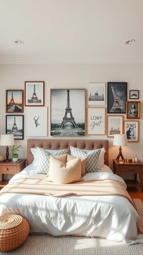 A themed art wall in a bedroom featuring various framed pictures of the Eiffel Tower and other landmarks.