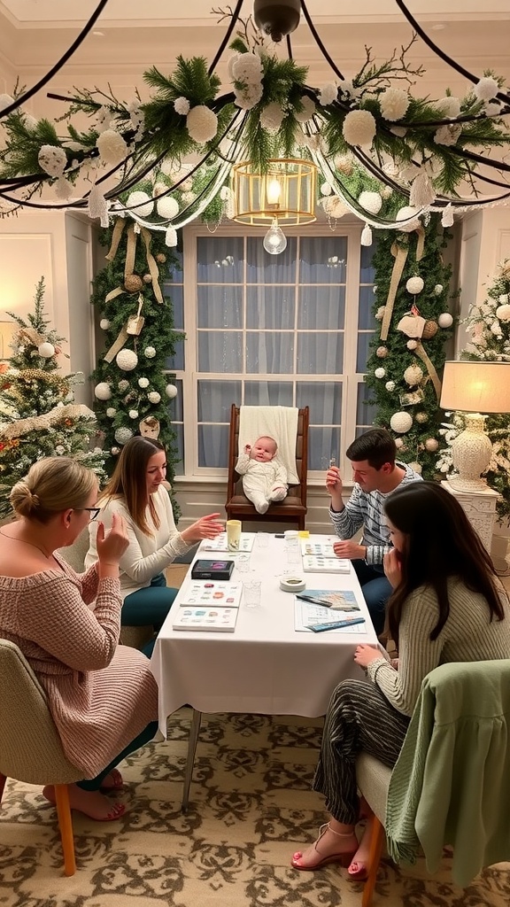 A cozy winter-themed baby shower scene with guests playing games around a table, featuring festive decorations.