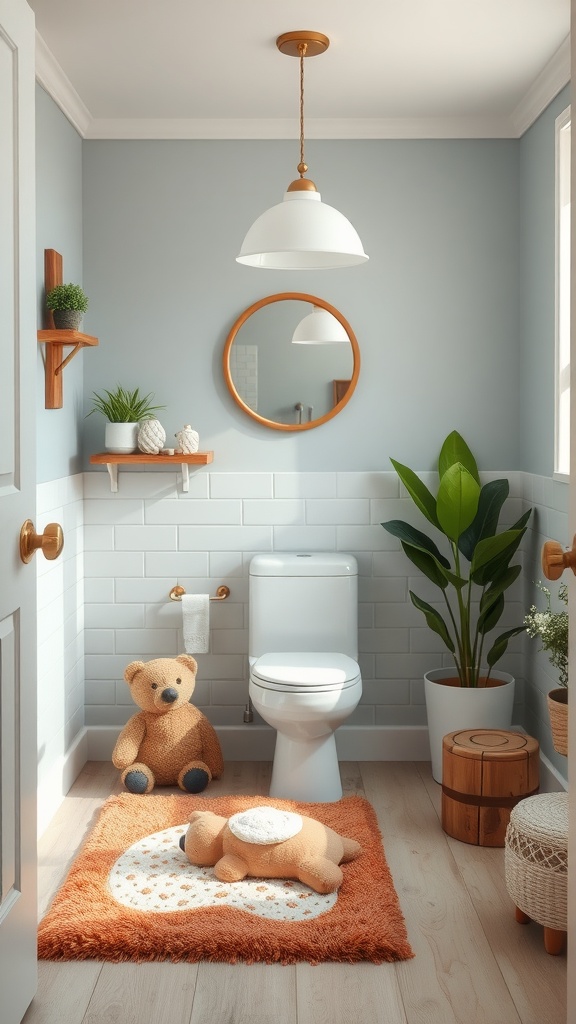 A children's bathroom featuring a cozy orange rug with animal designs, a teddy bear, and a light blue wall.