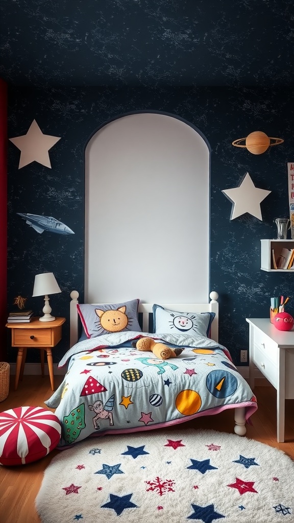 A themed bedroom with twin beds featuring colorful space-themed bedding and star decorations on a dark blue wall.