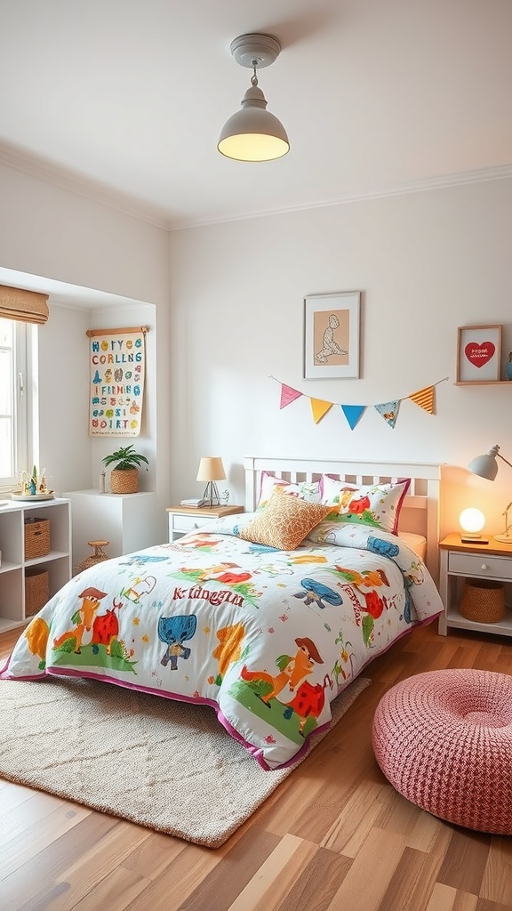 A colorful themed bedding set in a kindergarten bedroom, featuring playful animal designs.