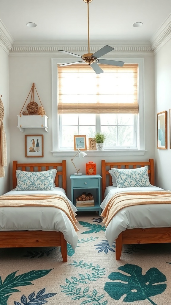 A shared bedroom with two twin beds, decorated in a tropical theme with green leaf patterns on the rug and colorful pillows.