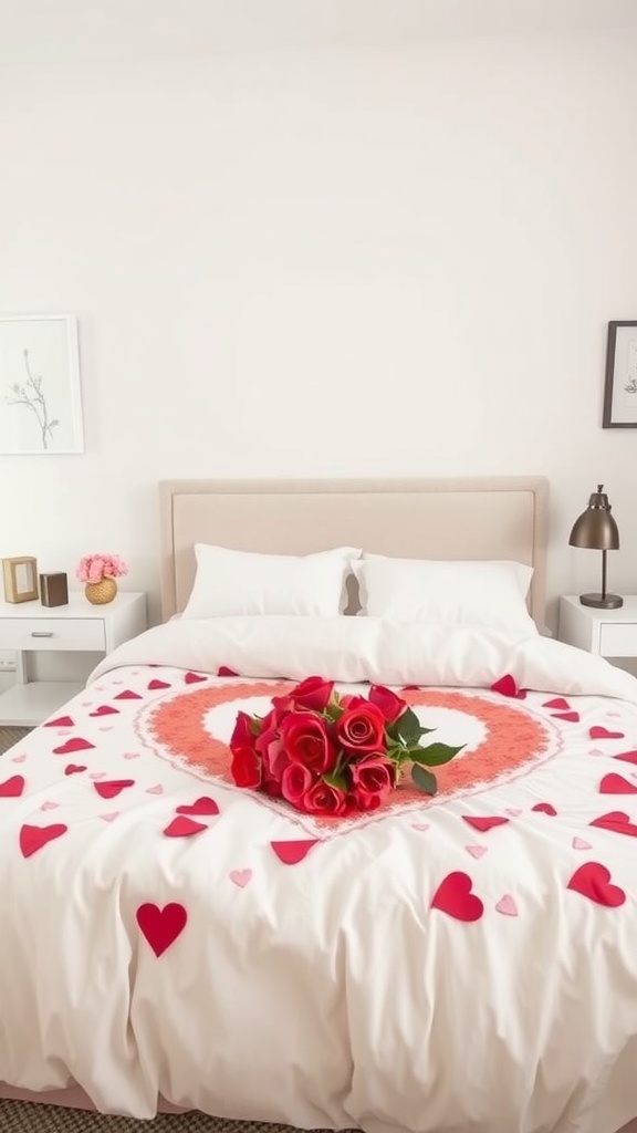 A cozy bedroom with a heart-themed bedspread and a bouquet of red roses on the bed.