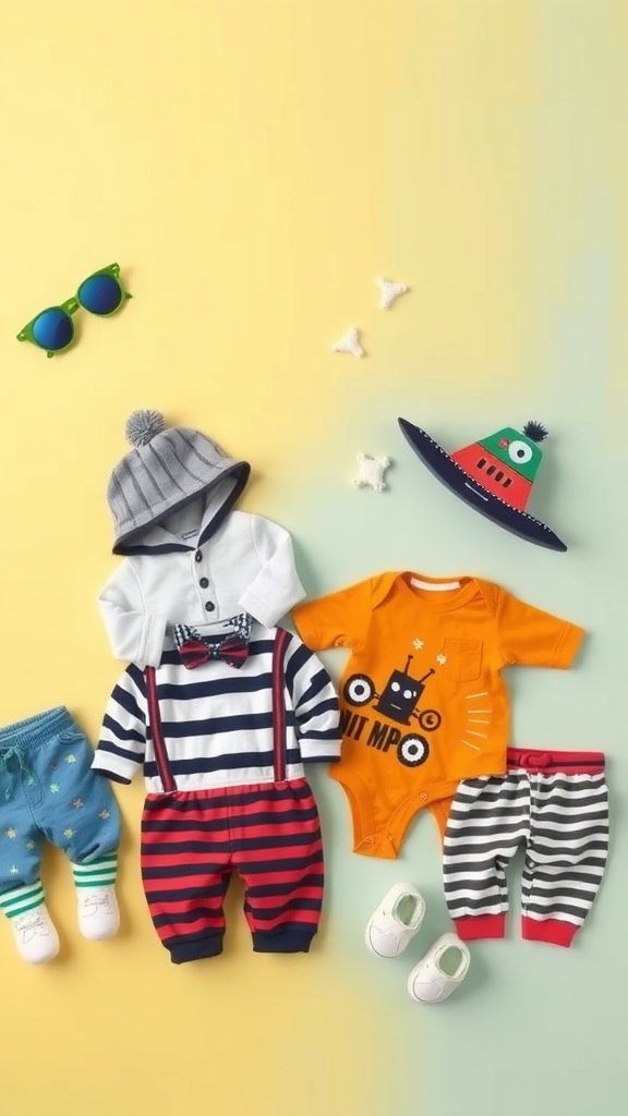A variety of baby boy outfits laid out, including stripes, suspenders, and fun accessories.