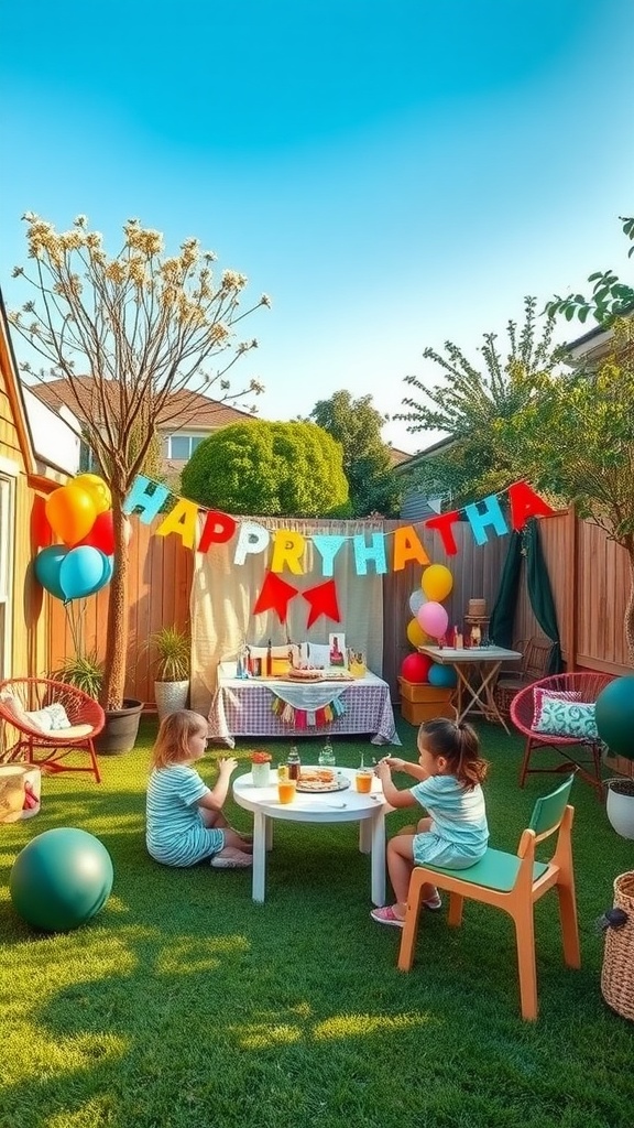 A vibrant backyard birthday party setup for kids with a festive banner, balloons, and a table of snacks.
