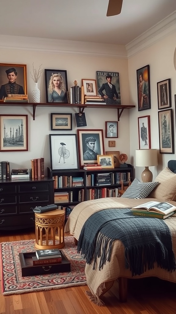 A cozy themed book corner with shelves of books, framed art, and a comfortable bed.