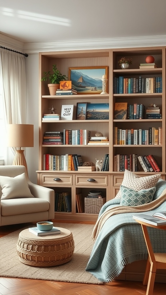 A cozy living room with a themed bookshelf displaying books, decorative items, and plants.