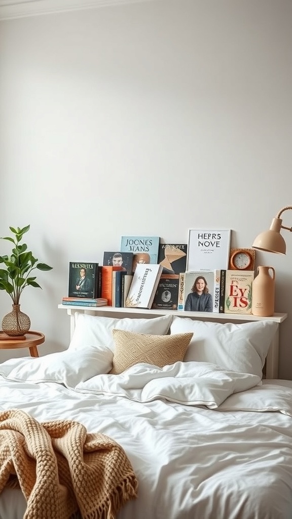 A cozy bedroom with a neatly made bed, a shelf of themed books, a lamp, and a plant.