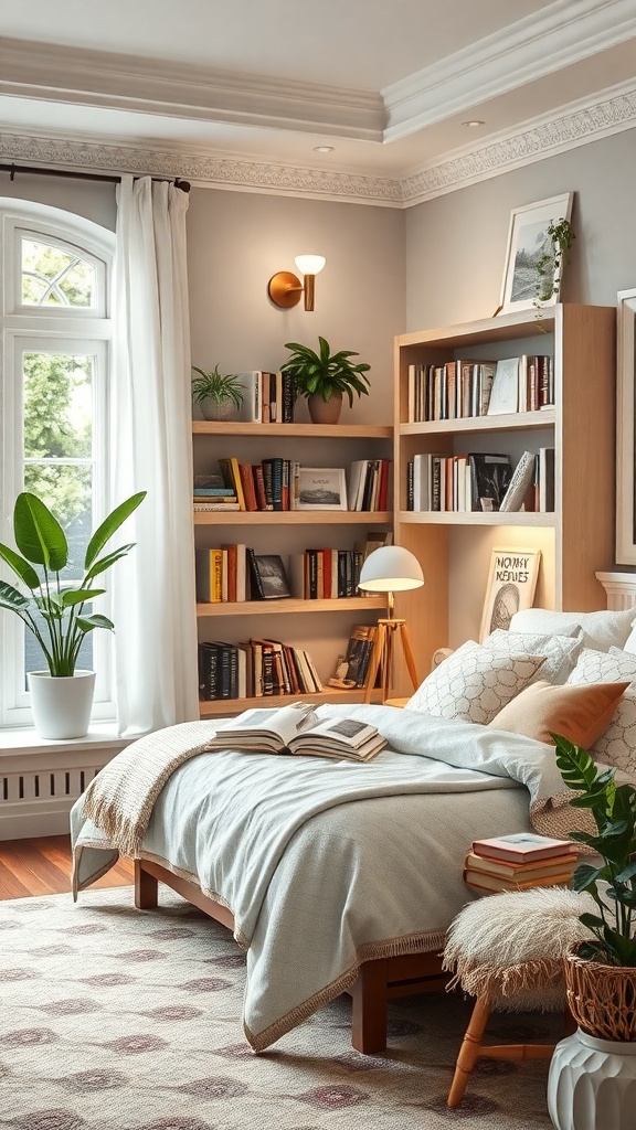 A cozy bedroom with a bookshelf, bed, and plants, creating a themed reading nook.