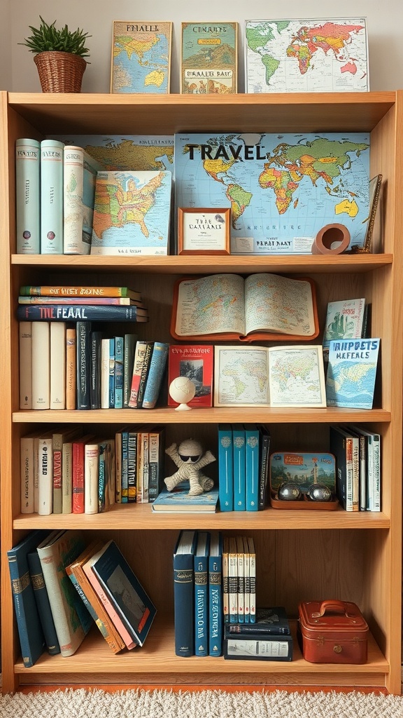 A themed bookshelf display featuring travel-related books, maps, a globe, and decorative items
