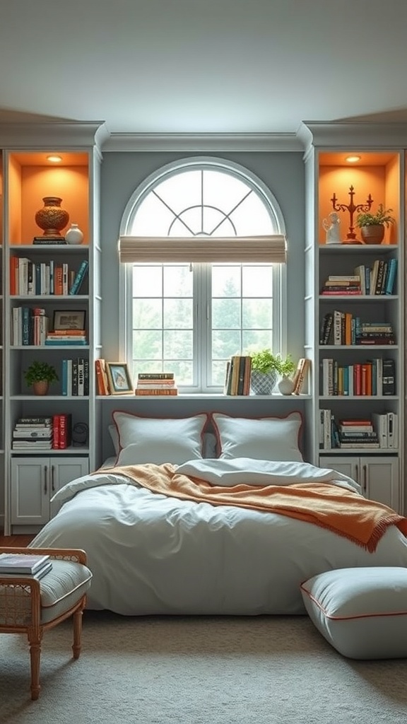 A cozy bedroom featuring a stylish bookshelf filled with books and decorative items, with a large window and soft bedding.