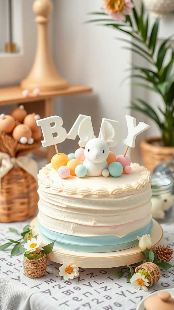 A beautifully decorated cake for a summer baby shower, featuring a bunny and pastel-colored decorations.